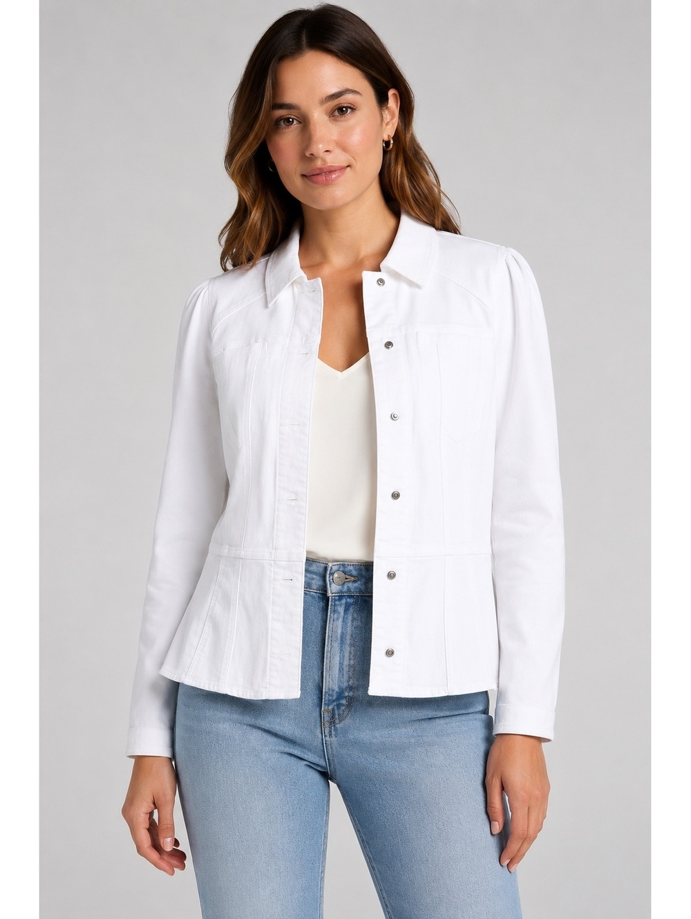 Wit & Wisdom Puff Shoulder Peplum Denim Jacket Optic White Size M